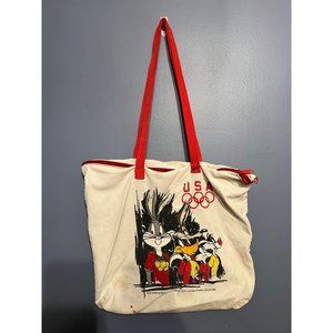 Vintage Looney Tunes 1995 Olympics Canvas Zipper Tote Bag Bugs Bunny, Daffy Duck